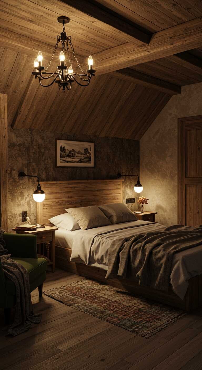 Cozy rustic bedroom with layered lighting featuring a warm overhead light and bedside lamps.