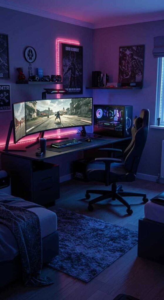 A modern gaming bedroom with colorful LED lighting, featuring a gaming setup with dual monitors, plants, and a cozy rug.