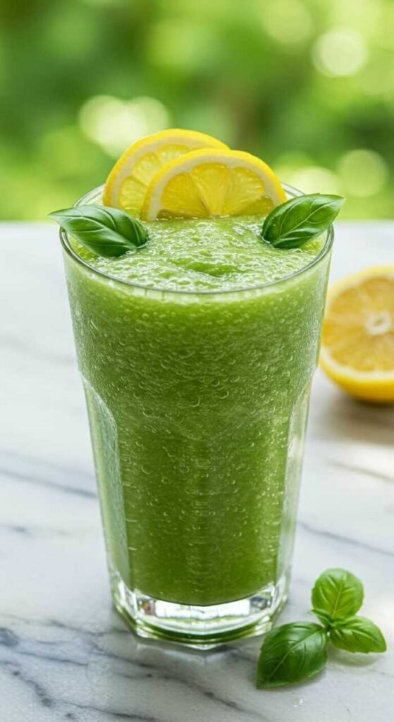 A refreshing lemon basil smoothie with lemon slices and basil leaves.