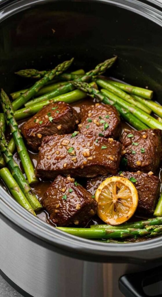 A delicious serving of lemon garlic beef with asparagus in a slow cooker.