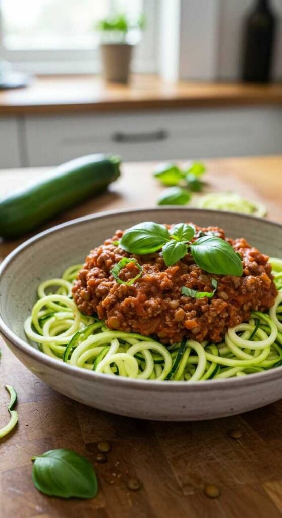A bowl of lentil bolognese served over spiralized zucchini noodles, garnished with fresh basil.