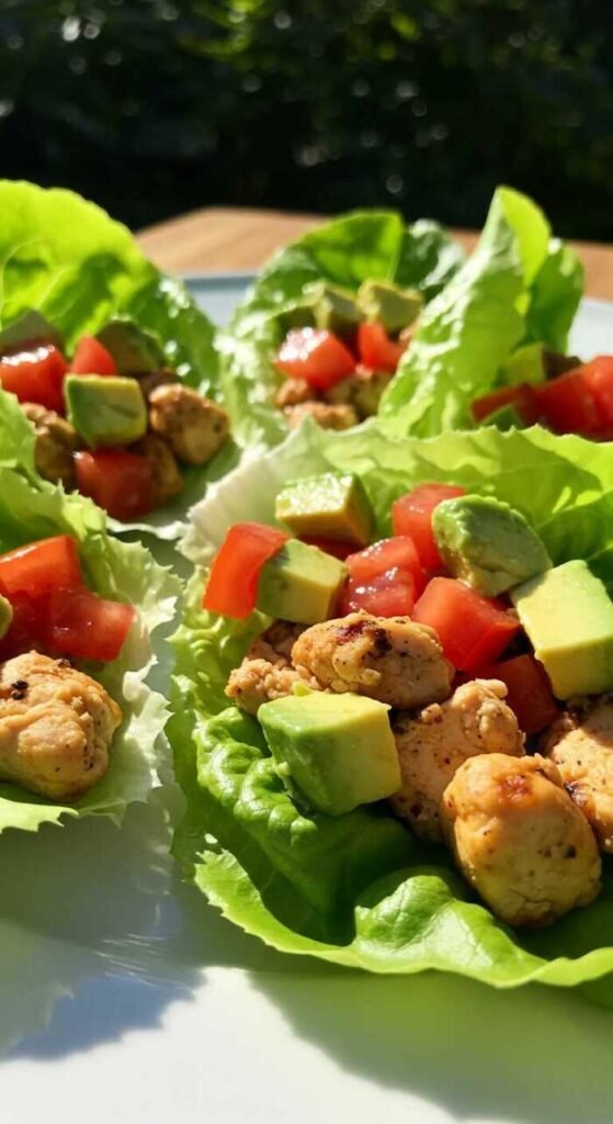 A plate of lettuce wraps filled with grilled chicken, tomatoes, and avocado.