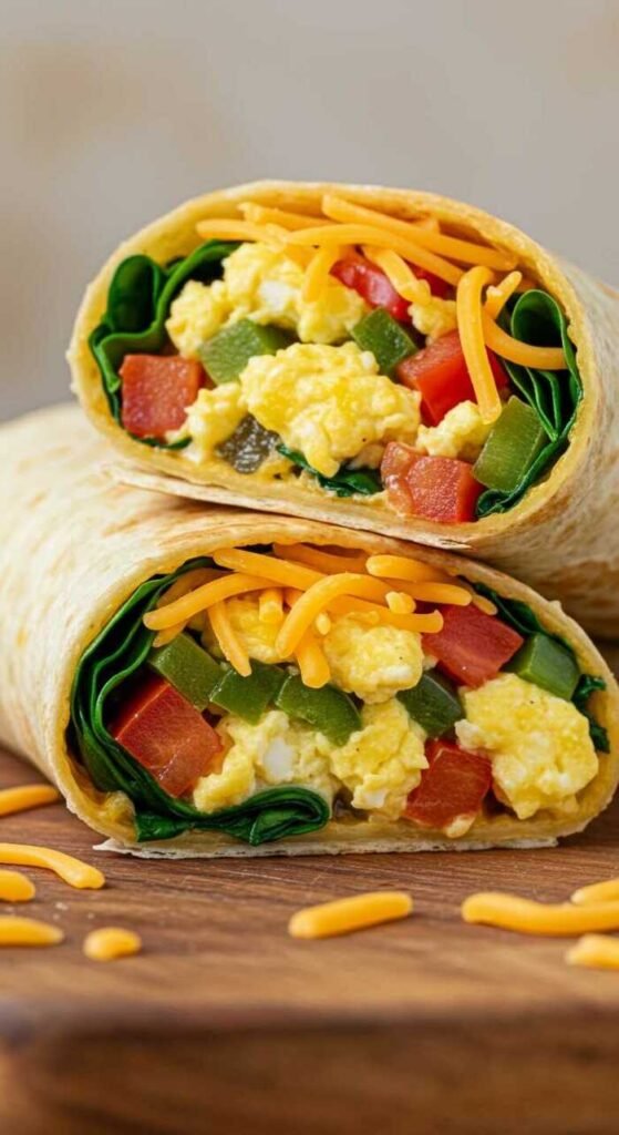 A healthy low carb breakfast burrito filled with colorful veggies.