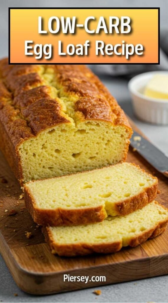 Low-carb egg loaf with a golden crust, sliced on a wooden board. A knife and a butter dish are in the background. Text: "LOW-CARB Egg Loaf Recipe."