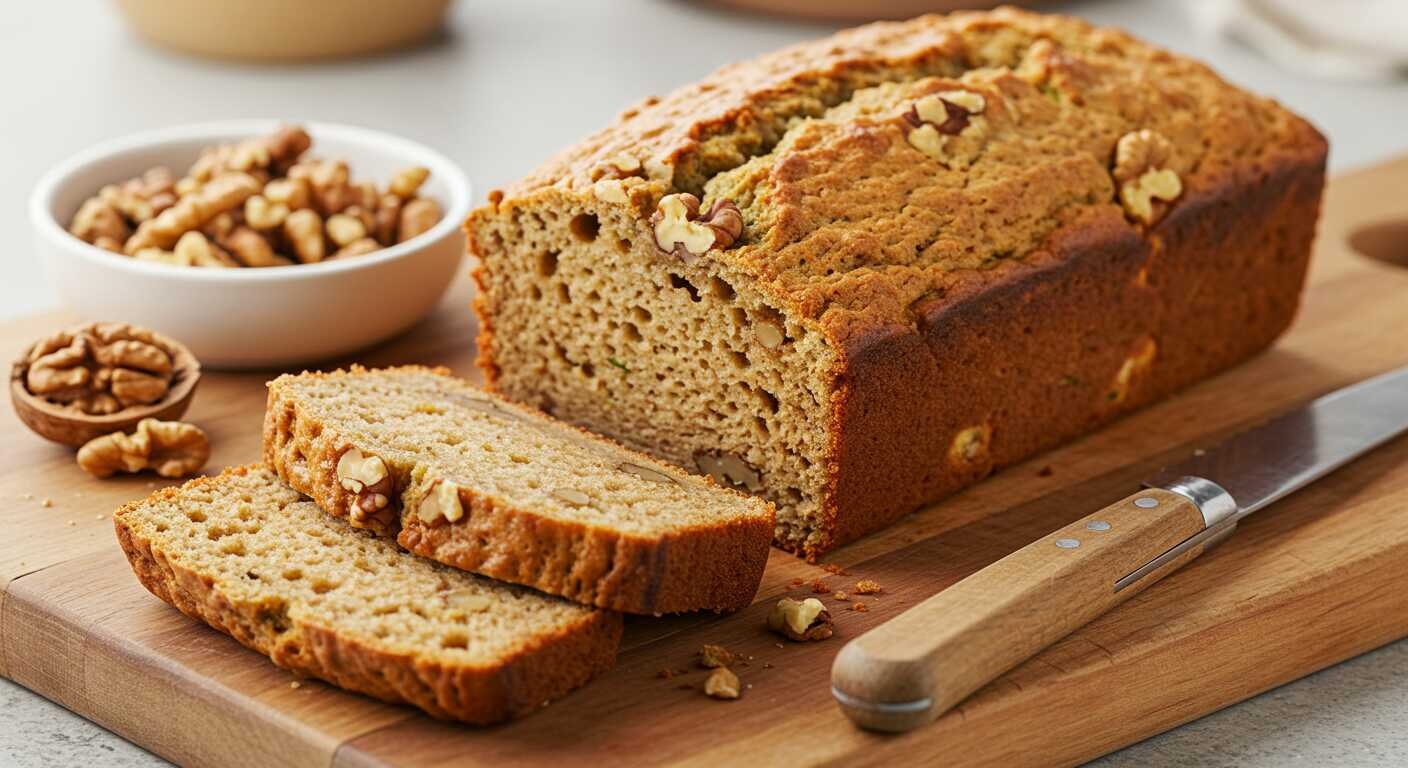 A freshly baked loaf of nut bread on a wooden cutting board, surrounded by walnuts and a knife. Two slices are cut, revealing a soft, nutty texture.