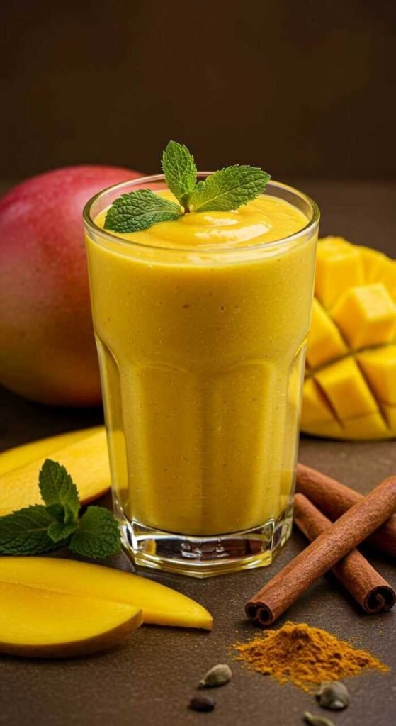 A vibrant mango turmeric smoothie in a glass, garnished with mint leaves, surrounded by mango pieces and cinnamon sticks.