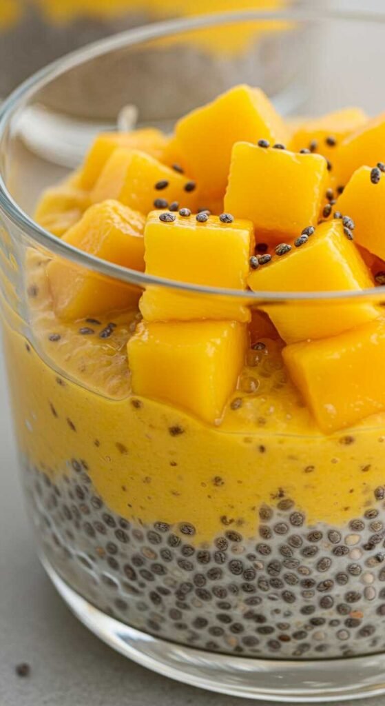 Mango chia pudding topped with fresh mango cubes