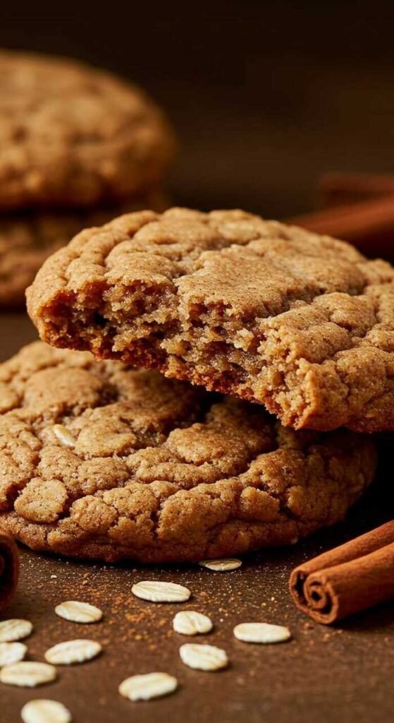 Close-up of two maple cinnamon oatmeal cookies, one partially bitten, on a dark surface with scattered oats and cinnamon sticks, conveying a warm, cozy feel.