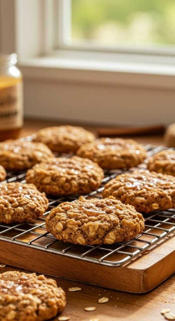 Freshly baked maple cinnamon oatmeal cookies with a golden color rest on a cooling rack beside a window, evoking a warm and cozy kitchen atmosphere.