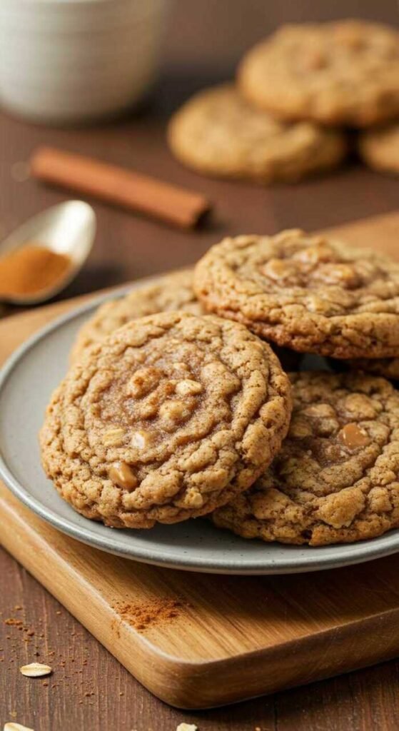 Warm oatmeal cookies with cinnamon and nuts on a gray plate, placed on a wooden board. A cinnamon stick and spoon with cinnamon are in the background.