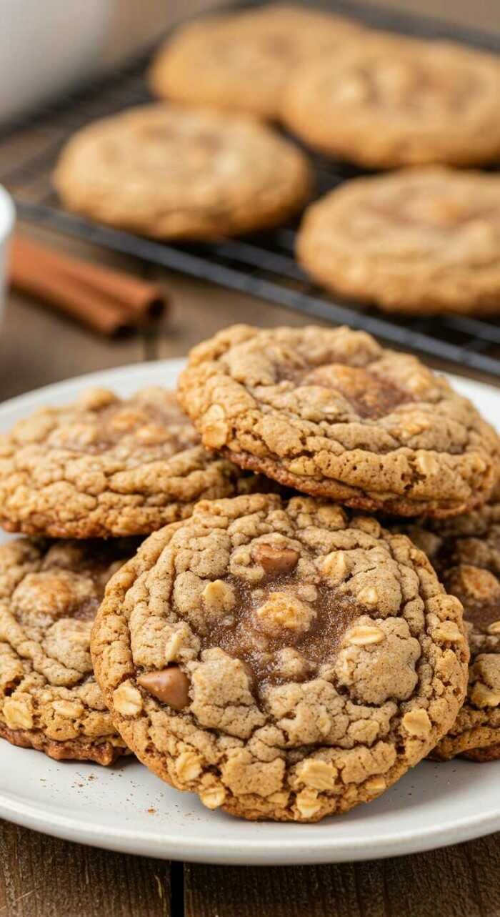 Close-up of freshly baked maple cinnamon oatmeal cookies with chocolate chips on a white plate. More cookies are cooling on a rack in the background, creating a warm and inviting feel.