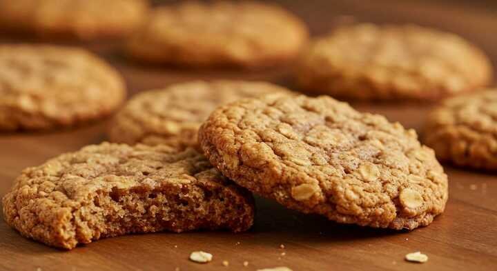 maple cinnamon oatmeal cookies on a wooden table, one with a bite taken out. The cookies appear golden-brown, conveying a warm and freshly baked tone.