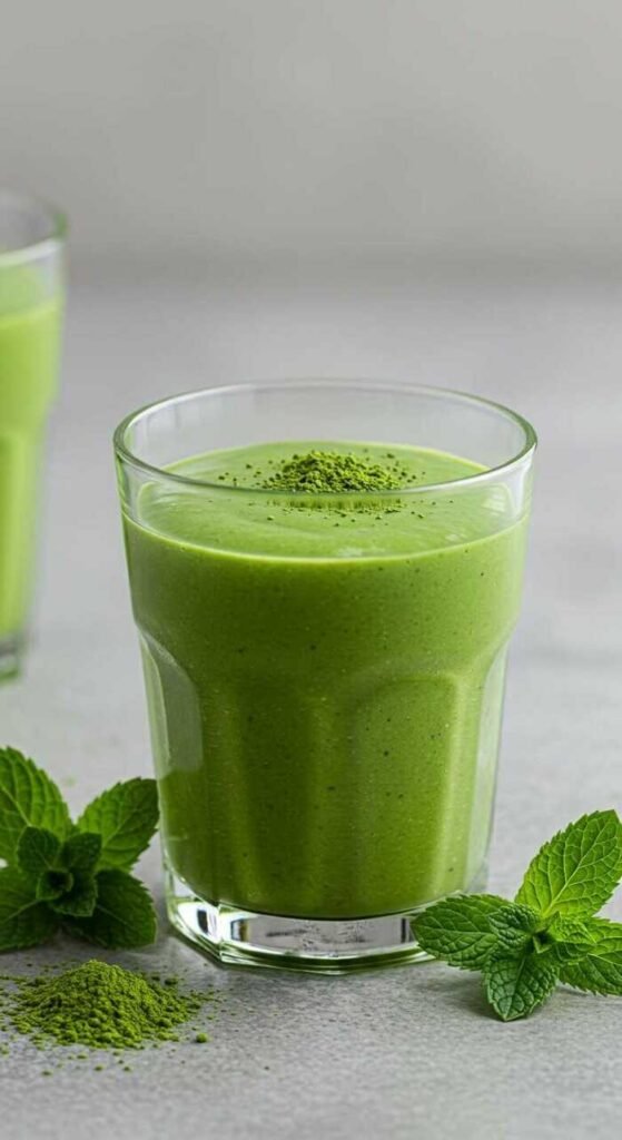 Creamy green matcha mint smoothie in a glass with mint leaves around it.