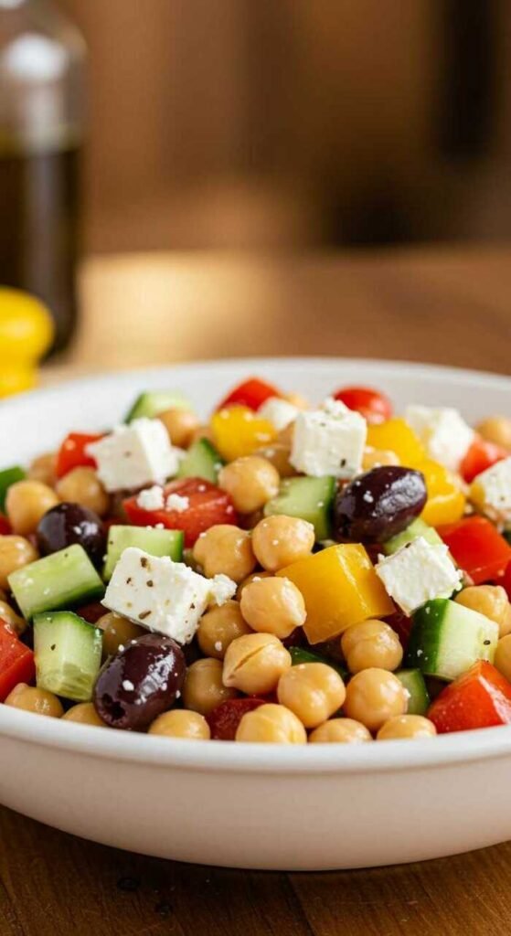 A vibrant Mediterranean chickpea salad with fresh vegetables and feta cheese.