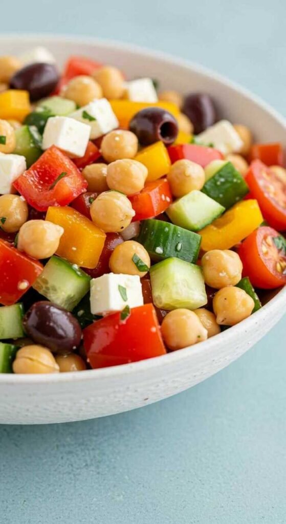 A bowl of Mediterranean Chickpea Salad featuring chickpeas, tomatoes, cucumber, bell pepper, feta cheese, and olives.