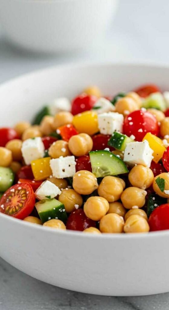 A bowl of Mediterranean Chickpea Salad with chickpeas, tomatoes, cucumber, bell pepper, and feta cheese.