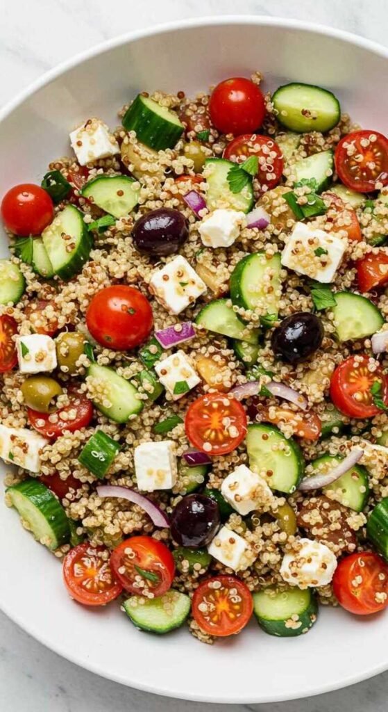 A vibrant quinoa salad in a white bowl, featuring diced cucumbers, cherry tomatoes, feta cheese, black olives, and red onions, conveying freshness.