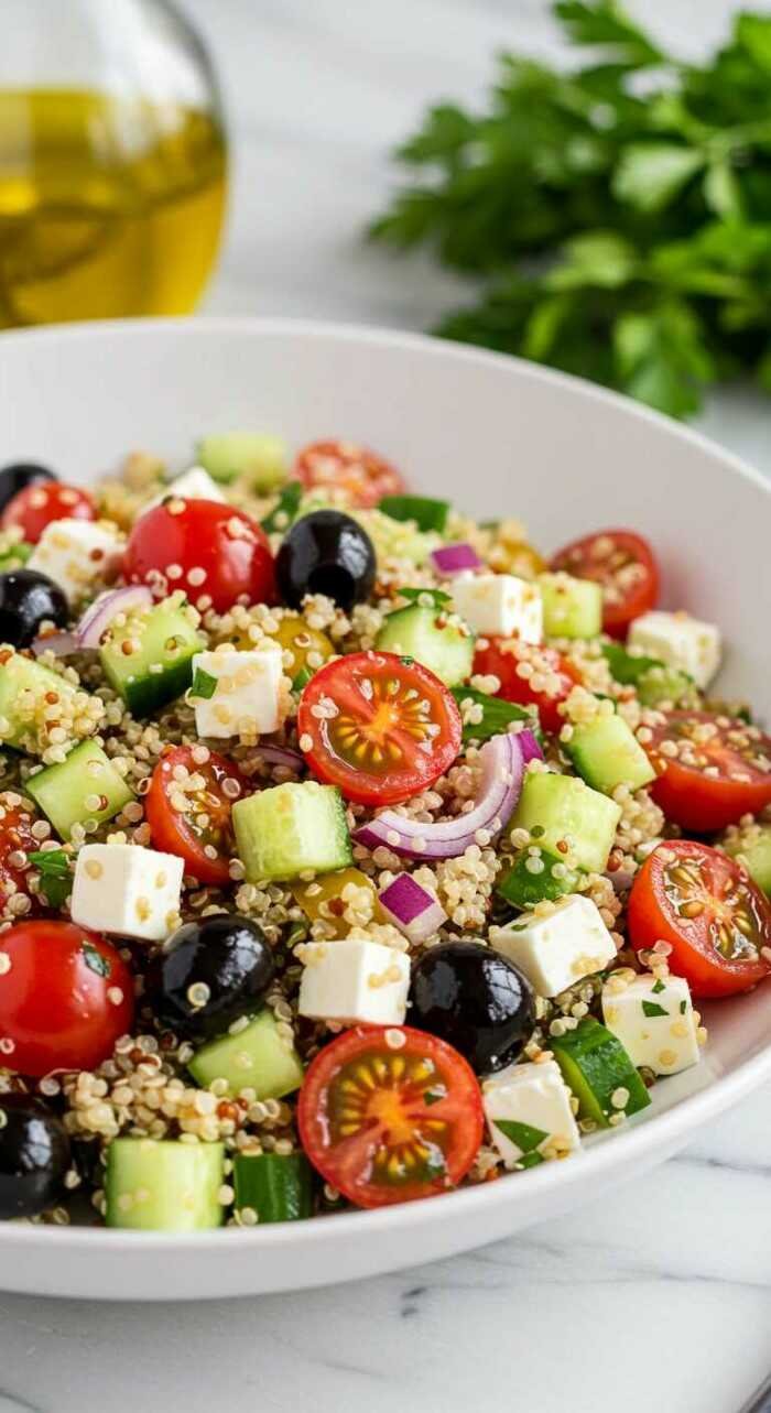 A vibrant quinoa salad in a white bowl with cherry tomatoes, cucumbers, black olives, red onion, and feta cheese. Olive oil and fresh herbs in the background.