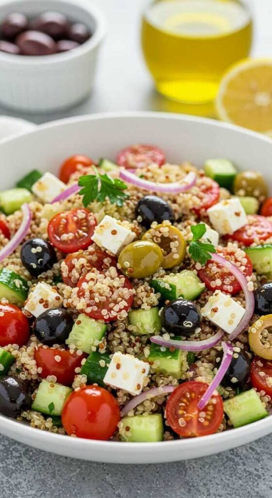 A vibrant quinoa salad with cherry tomatoes, cucumber, black and green olives, feta, and red onion in a white bowl. Olives and oil in background.