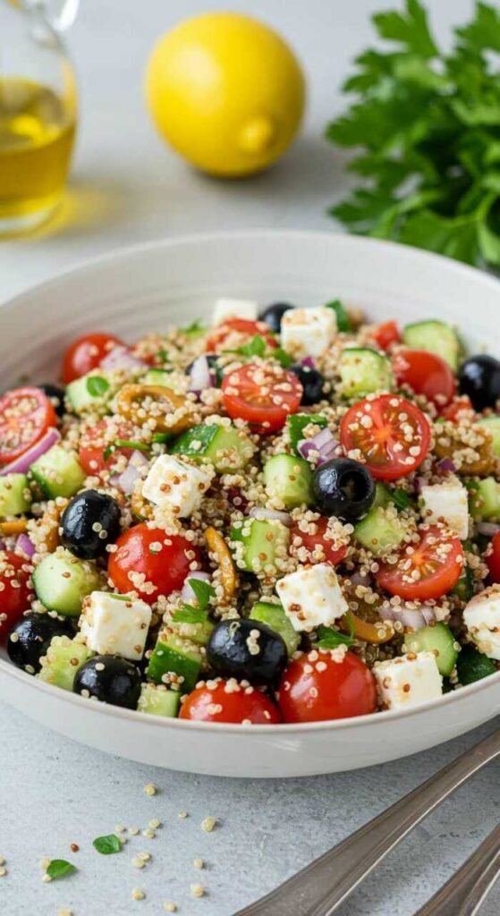 A vibrant quinoa salad in a bowl, with cherry tomatoes, cucumbers, olives, feta, and red onion. Lemon, olive oil, and parsley are in the background.