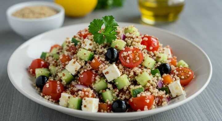 A colorful quinoa salad with cherry tomatoes, cucumber, feta, and olives on a white plate. Garnished with parsley. Fresh and healthy vibe.