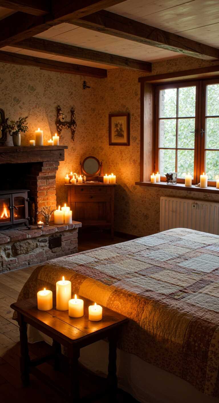 A rustic bedroom featuring candles arranged to create a cozy atmosphere.