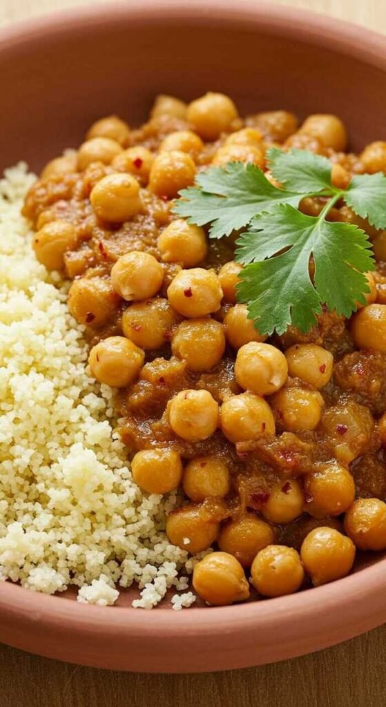A bowl of Moroccan-Spiced Chickpea Stew served with couscous and garnished with cilantro.