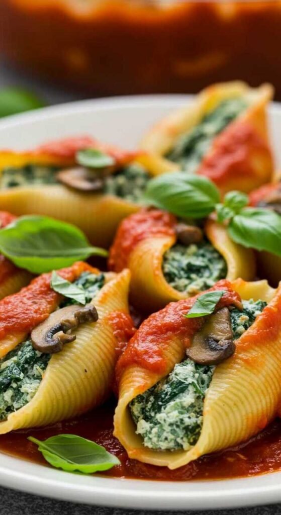 A delicious plate of mushroom and spinach stuffed shells topped with marinara sauce and fresh basil.