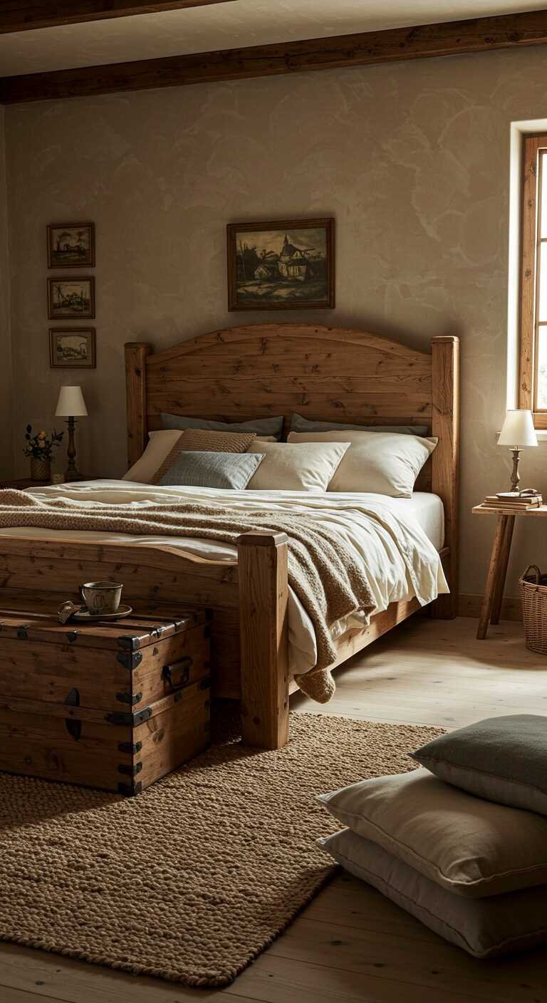 A rustic bedroom featuring a natural fiber rug, wooden bed, and cozy decor