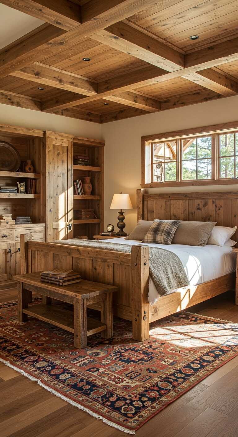 A rustic bedroom featuring natural wood accents, including wooden beams, furniture, and decor, complemented by a patterned rug.