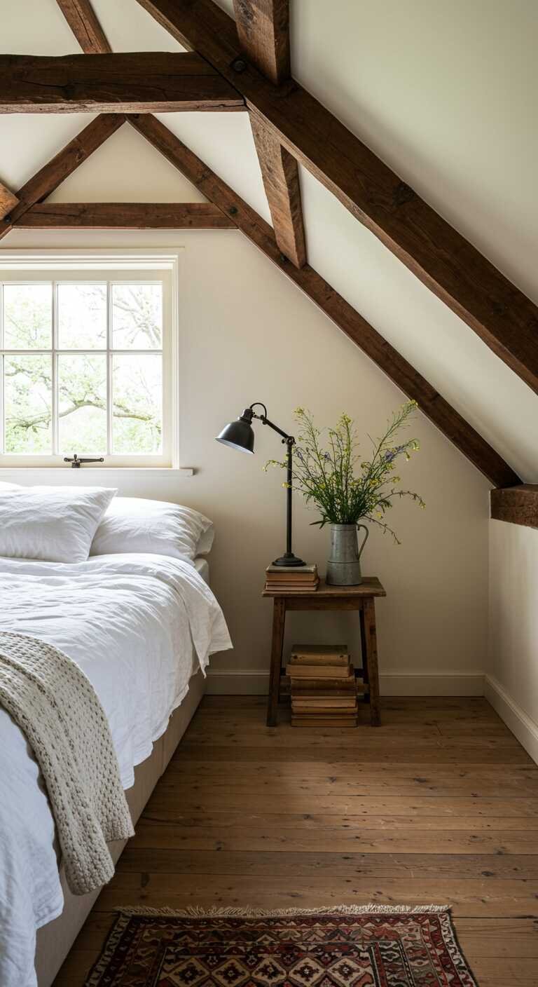 Cozy rustic bedroom with wooden beams, soft bedding, and plants