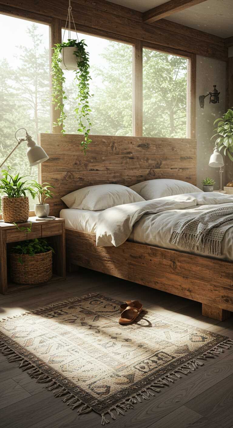 A rustic bedroom featuring a wooden bed, natural decor, and plants.