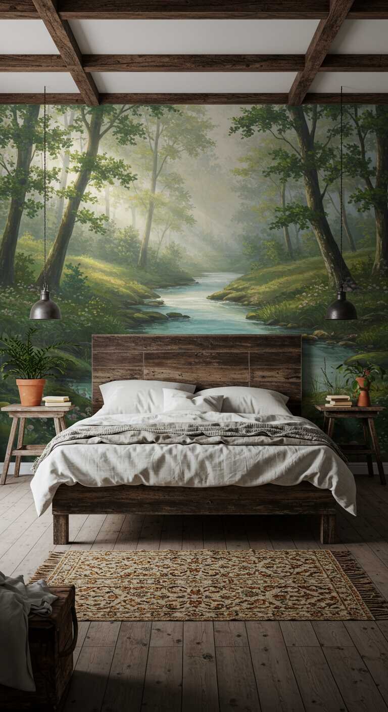 A rustic bedroom with a nature-themed mural depicting a serene forest and stream.