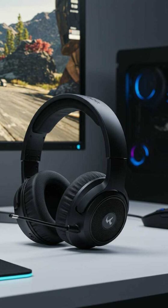 A pair of sleek noise-cancelling headphones on a desk near a gaming monitor