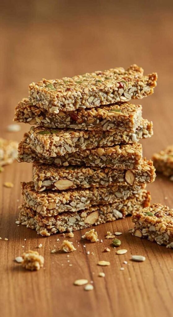 Nut and seed granola bars stacked on a wooden surface