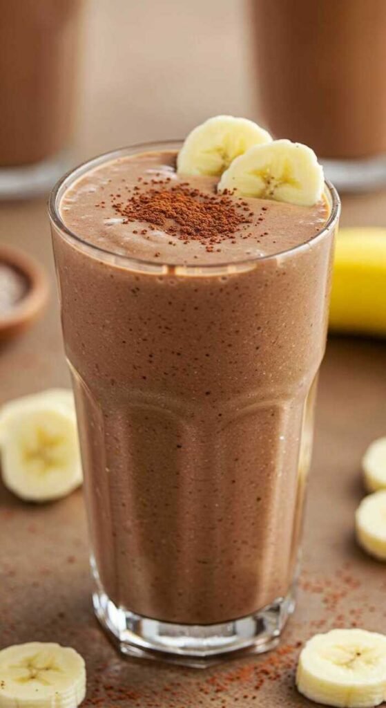 Nutty Chocolate Banana Smoothie in a glass with banana slices and cocoa powder