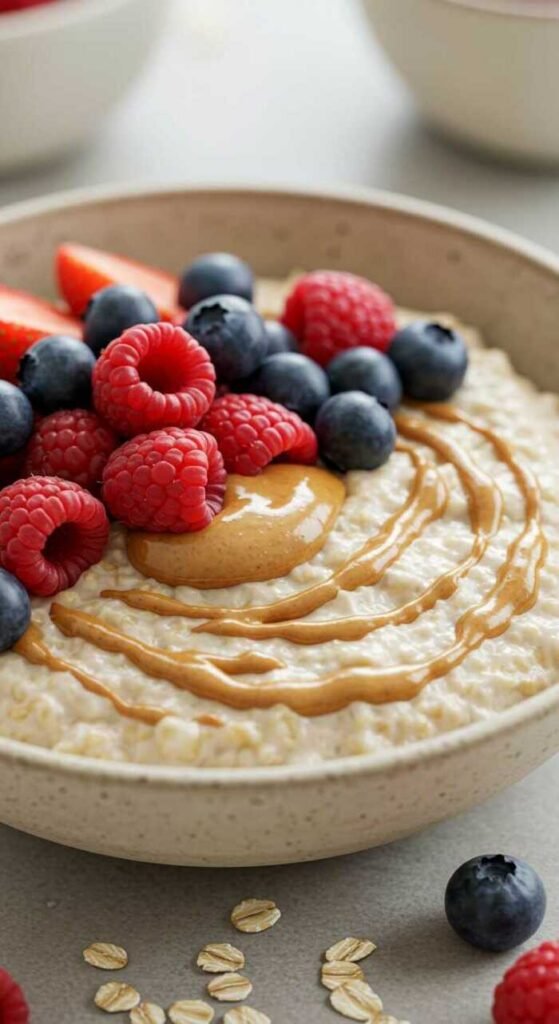 A bowl of oatmeal topped with almond butter and fresh berries.