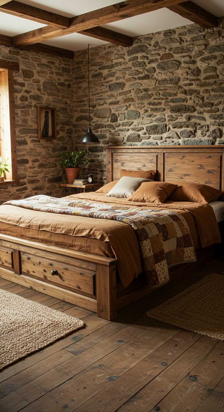 A rustic bedroom with a stone wall, wooden bed, and cozy decor.