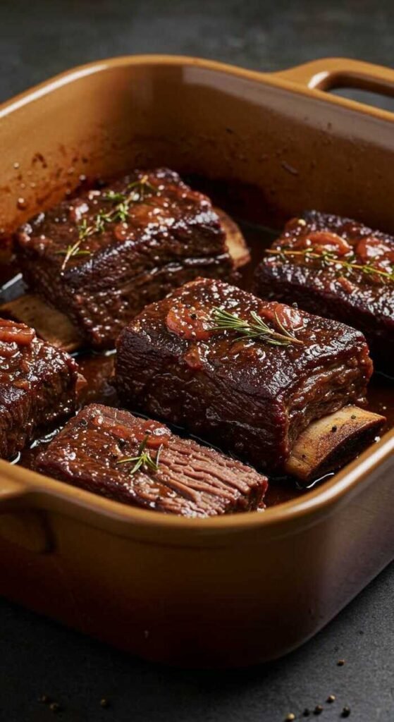 Braised short ribs in a brown baking dish, glistening with rich sauce. Garnished with rosemary, conveying a hearty and savory appeal.