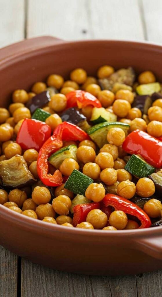 A tray of oven-roasted chickpeas and vegetables on parchment paper, showcasing vibrant colors and textures.