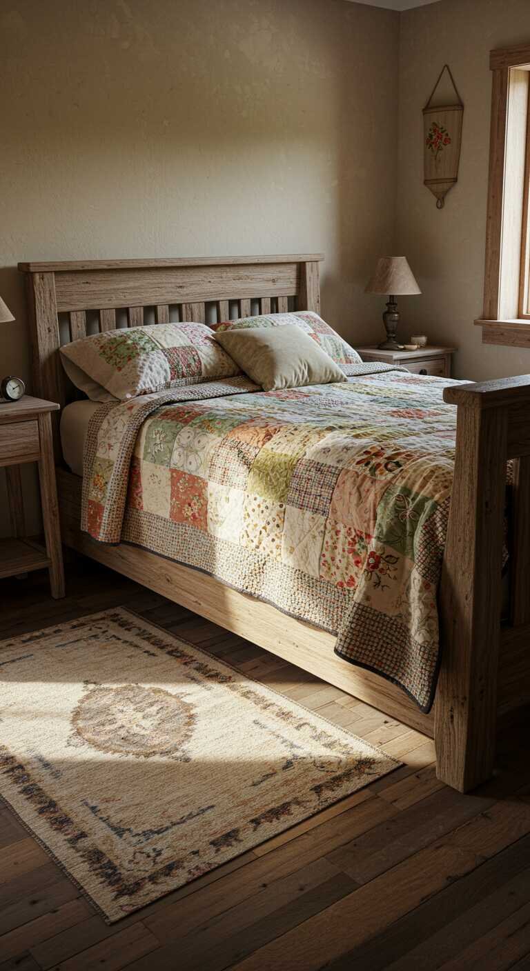 A rustic bedroom with a patchwork quilt on a wooden bed, featuring colorful designs.