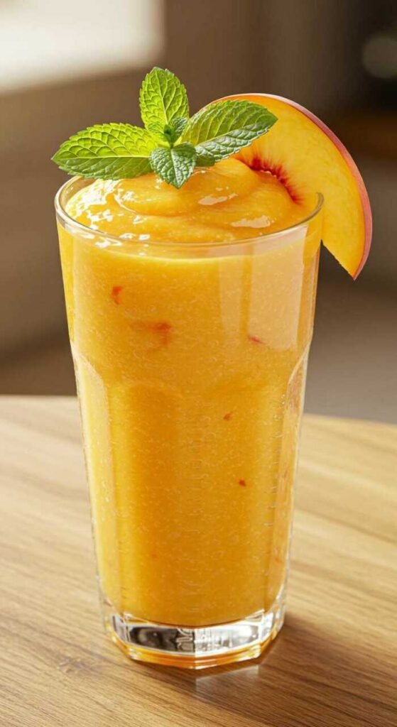 A refreshing glass of peach smoothie garnished with a sprig of mint and a peach slice, placed on a wooden table. The drink is vibrant and inviting.