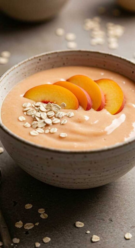 A bowl of peach oatmeal smoothie topped with peach slices and oats.