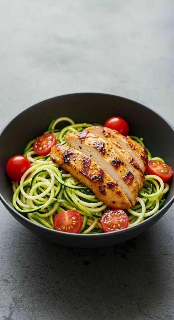 A bowl of zoodles topped with grilled chicken and cherry tomatoes