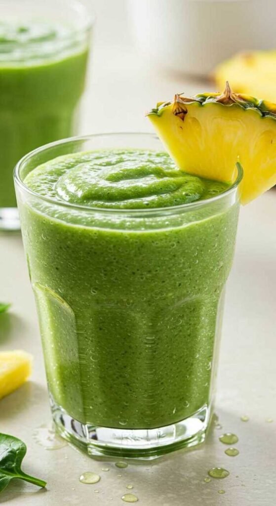 A refreshing green smoothie made with pineapple and spinach, garnished with a slice of pineapple.