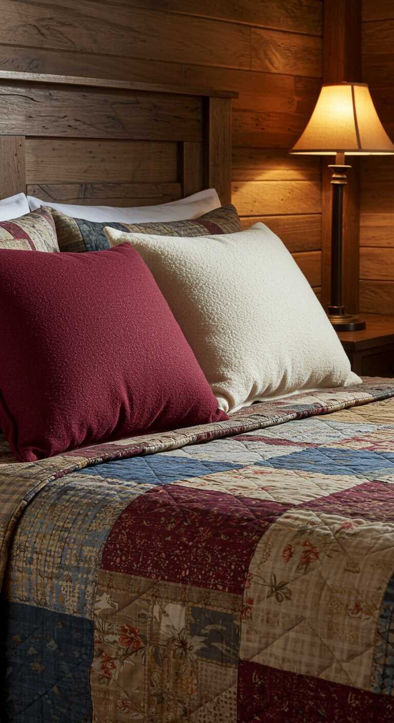 A close-up view of two plush area throw pillows on a cozy bed in a rustic bedroom setting.