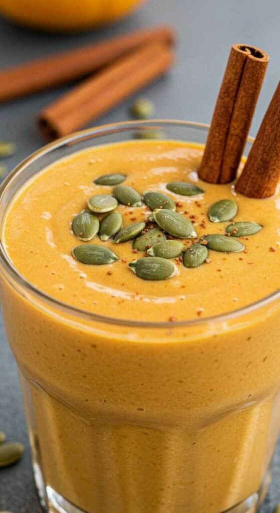 Pumpkin spice smoothie topped with pumpkin seeds and cinnamon sticks, surrounded by pumpkins.