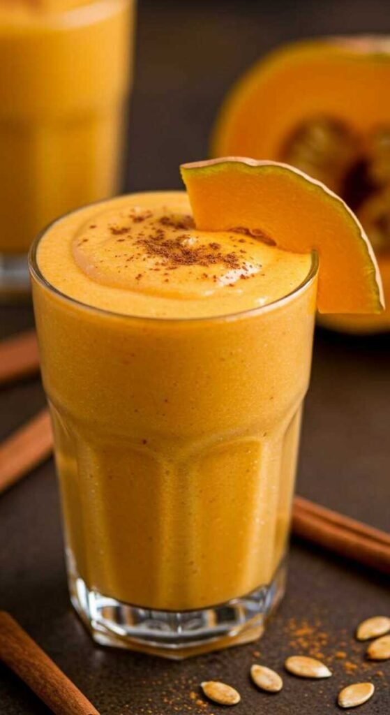 A delicious Pumpkin Spice Smoothie with a slice of pumpkin garnish.