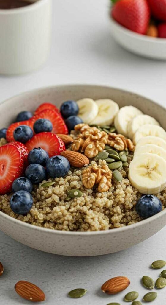 A nutritious quinoa breakfast bowl topped with nuts and fruits.