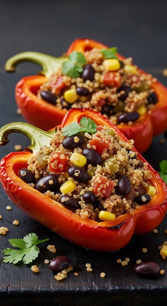 Colorful quinoa and black bean stuffed peppers with fresh cilantro